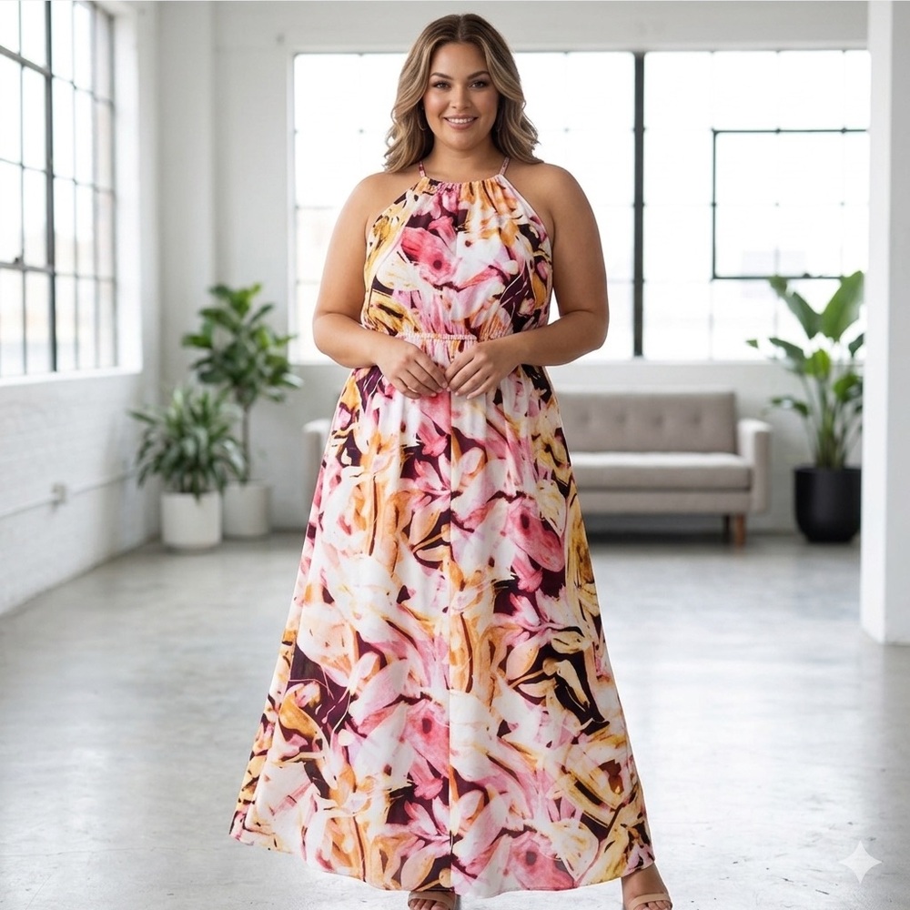 Jennifer Lopez Women's Floral Maxi Dress w/ Tie Neck - Size 1X